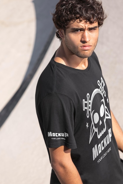 PSD giovane skateboarder maschio con t-shirt mock-up