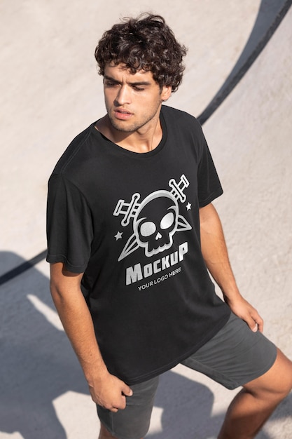 Giovane skateboarder maschio con t-shirt mock-up