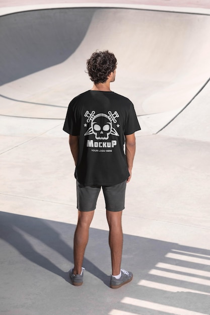 PSD giovane skateboarder maschio con t-shirt mock-up