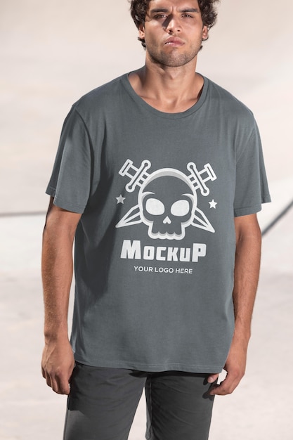 Giovane skateboarder maschio con t-shirt mock-up