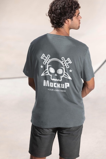 Young male skateboarder with mock-up t-shirt