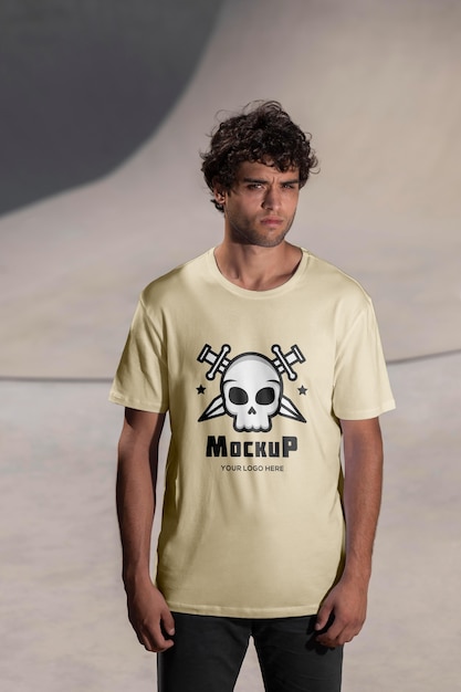 PSD giovane skateboarder maschio con t-shirt mock-up