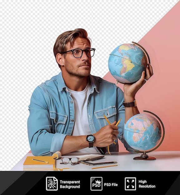 PSD young male teacher wearing glasses sitting desk holding and looking world globe