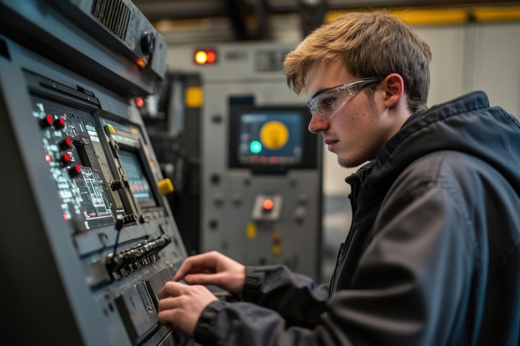 PSD young male technician operating industrial machinery