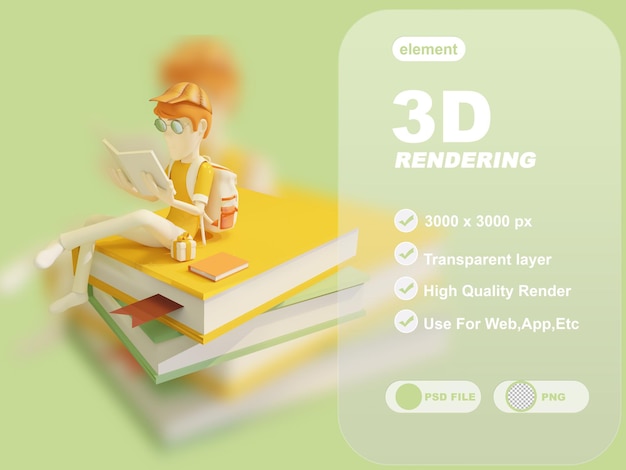 本を読んで若い男3dレンダリングの概念プレミアムpsd