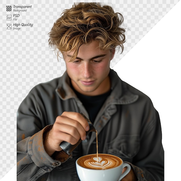 PSD young man artistically pouring milk into coffee cup