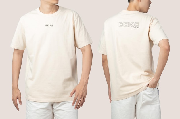 ベージュのTシャツモックアップpsd、あなたのデザインのテンプレートの若い男。