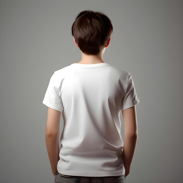 PSD young man in blank white t shirt back view on grey background
