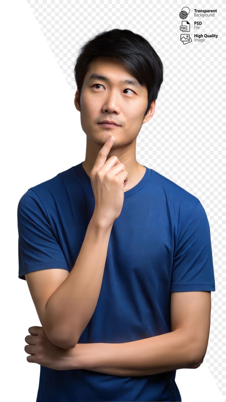 PSD 穿著藍色t恤的年輕人用沉思的表情思考