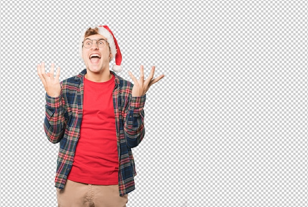 Young man at Christmas doing gestures