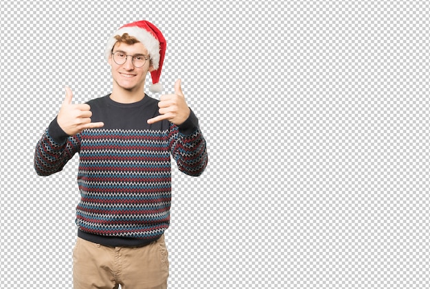 Young man at Christmas doing gestures