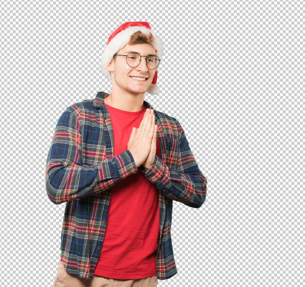 Young man at Christmas doing gestures