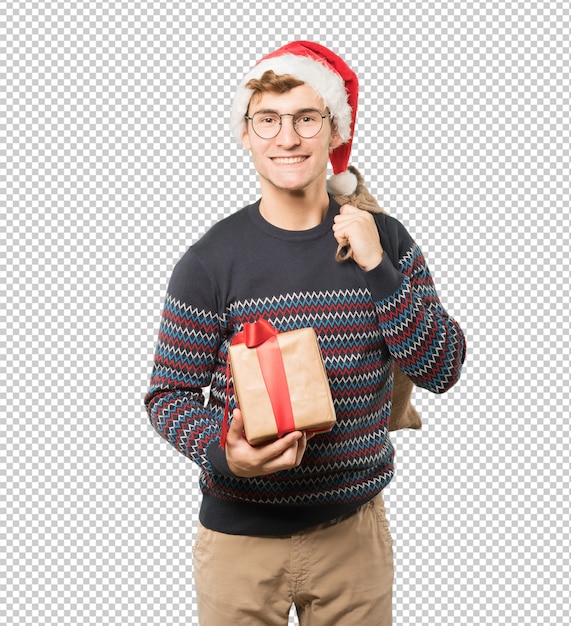 Young man at Christmas doing gestures