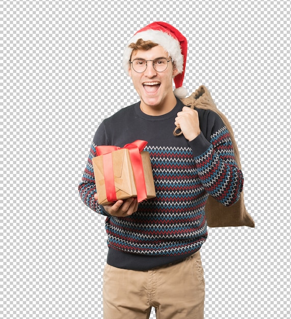 Young man at Christmas doing gestures