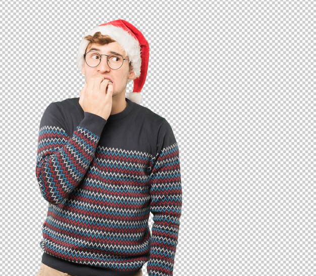 Young man at Christmas doing gestures