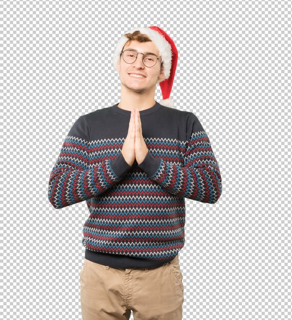 Young man at christmas doing gestures