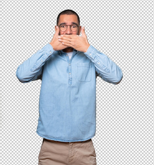 PSD young man covering his mouth with his hands