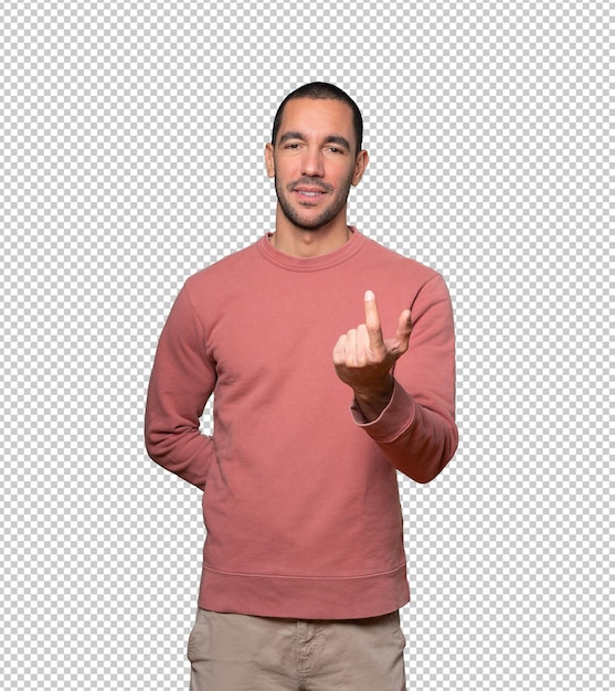 Young man doing a gesture of invitation with his hand