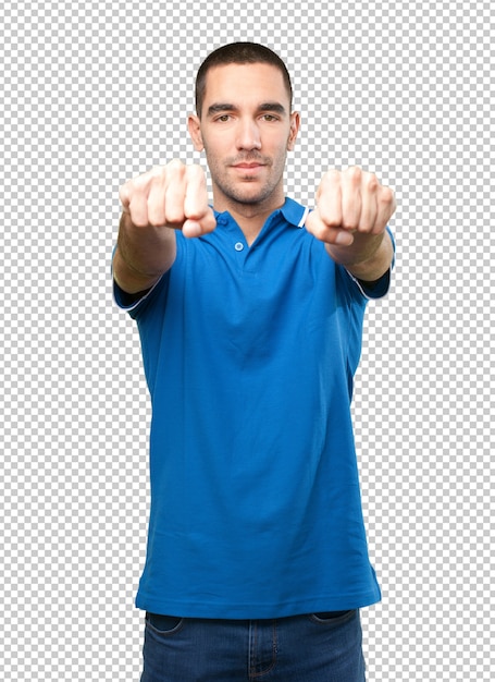 Young man doing hand gestures