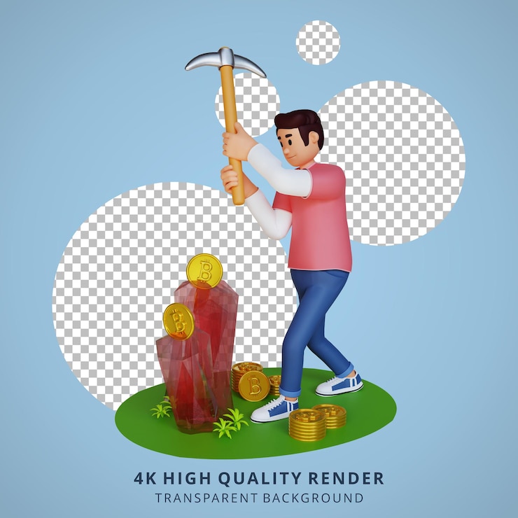 PSD young man doing mining 3d cartoon character illustration