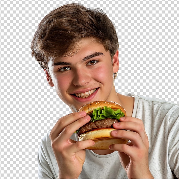 PSD young man eating hamburger isolated on transparent background