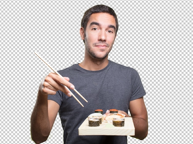 PSD young man eating sushi