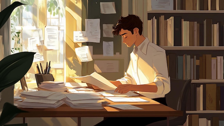 PSD a young man engrossed in focused study in a sundrenched cluttered home office surrounded by papers and books