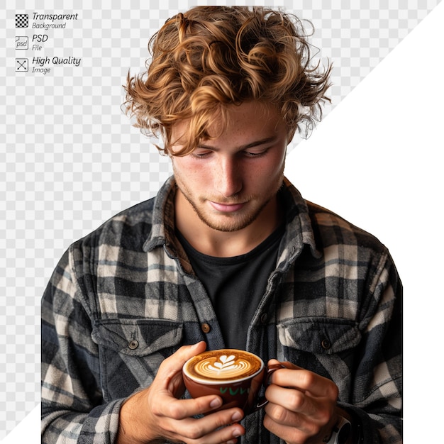 PSD young man enjoying a latte with detailed foam art