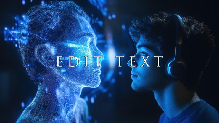 PSD young man facing a digital holographic projection of a human head