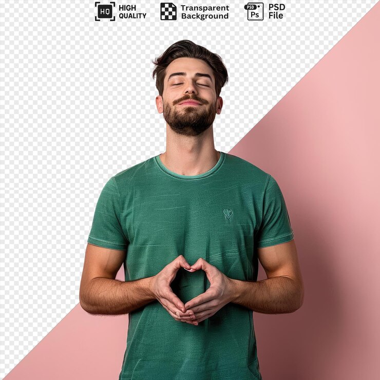 A young man in a green tshirt looks delighted with closed eyes placing hands on heart posing for a photo