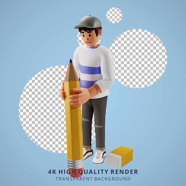 PSD young man in hat holding a giant pencil 3d character illustration