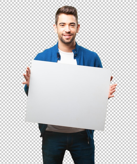 PSD young man holding a banner