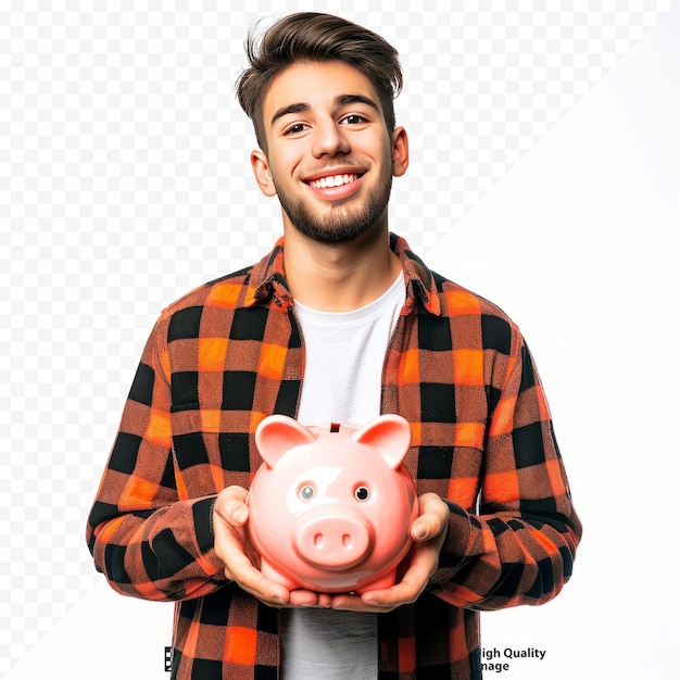 Young man holding a piggy bank money concept