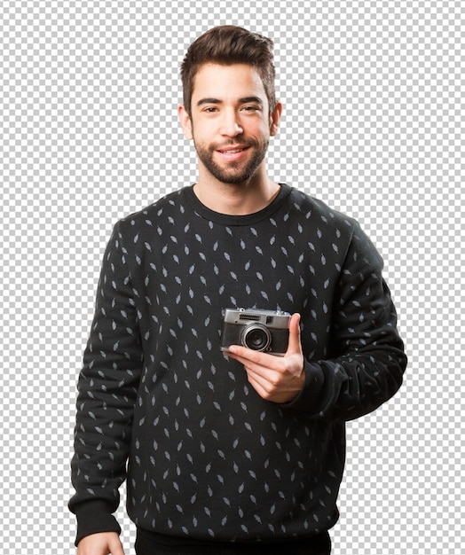 PSD young man holding a retro camera