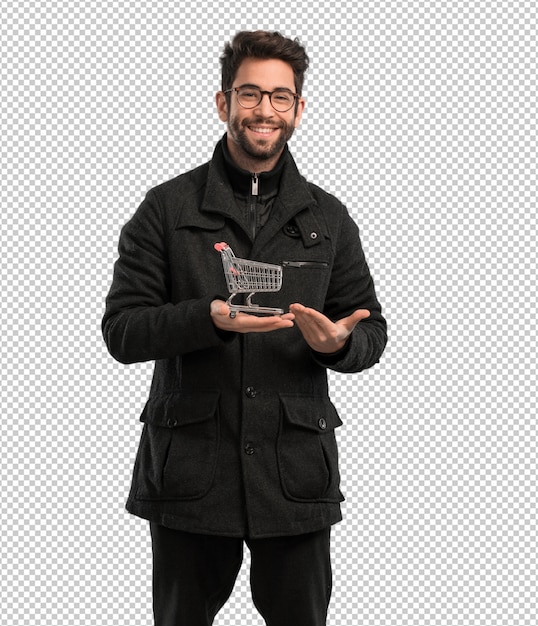 PSD young man holding a shopping cart