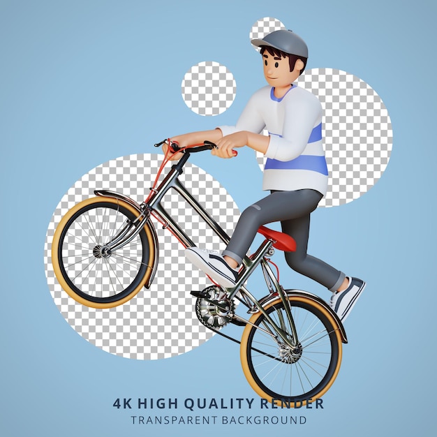 フリースタイルの3dキャラクターイラストながら自転車に乗って帽子をかぶった青年