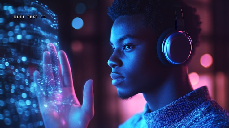 PSD young man interacts with futuristic holographic interface wearing headphones