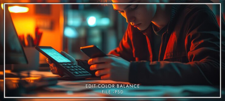 PSD a young man is focused on his phone in a dimly lit room with a calculator and other paperwork on the table