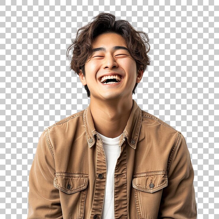 PSD 茶色のジャケットを着ている若い男が笑顔で笑っている