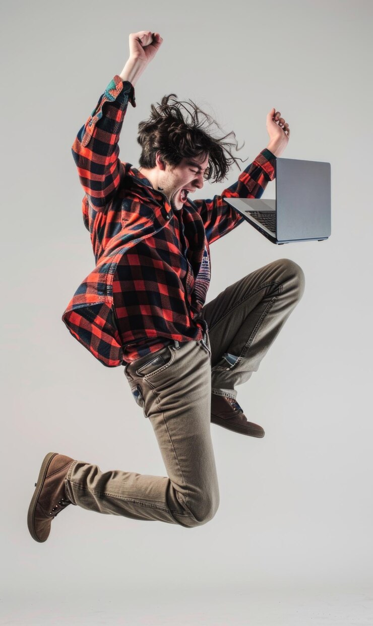 PSD young man jump and float on air happy with laptop