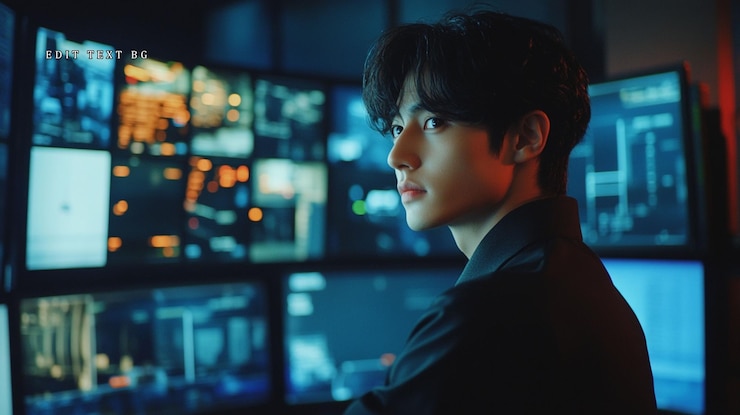 PSD young man looking over shoulder at multiple computer screens displaying data