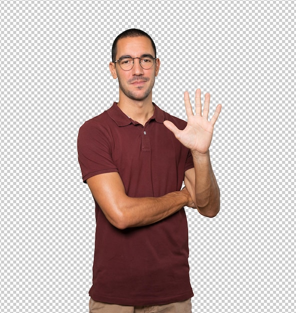 PSD young man making a number five gesture