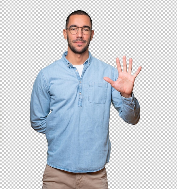 PSD young man making a number five gesture