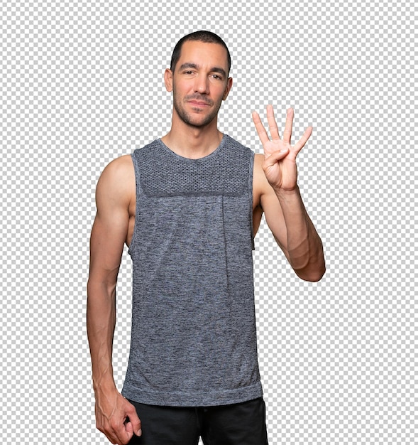 PSD young man making a number four gesture