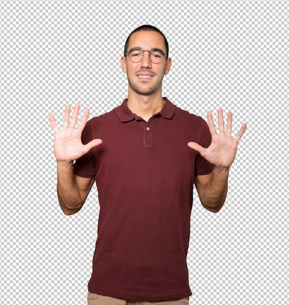 young man making a number ten gesture
