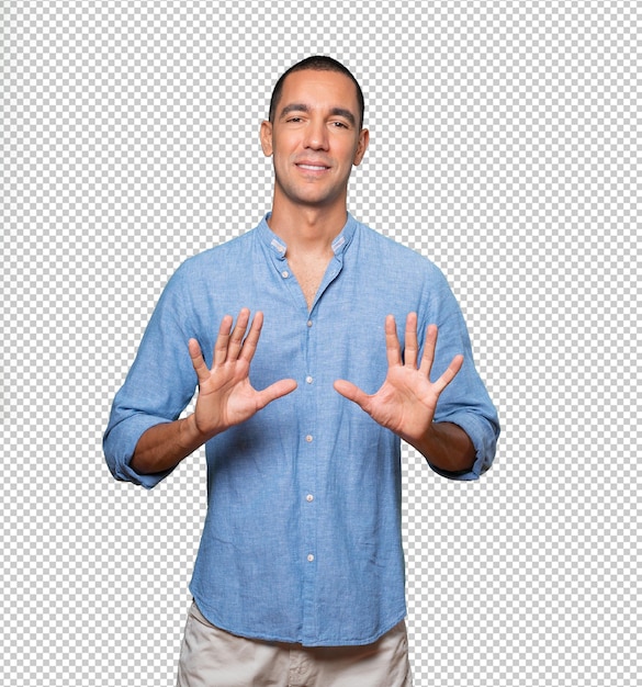 young man making a number ten gesture