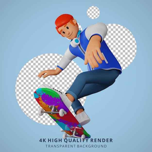 PSD illustrazione del carattere 3d di skateboarding dai capelli rossi del giovane