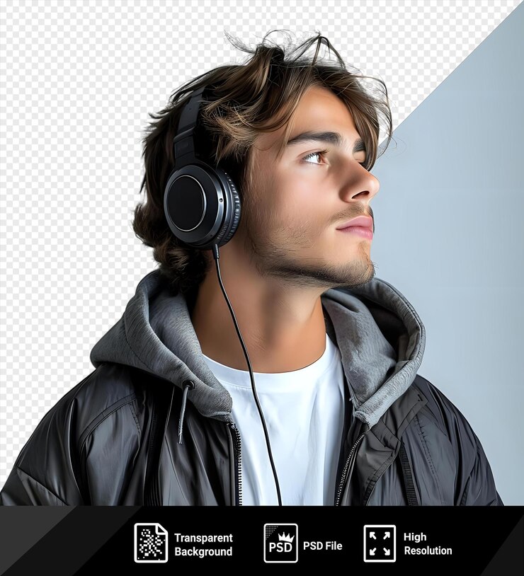 PSD young man removes headphones looking displeased in stylish attire