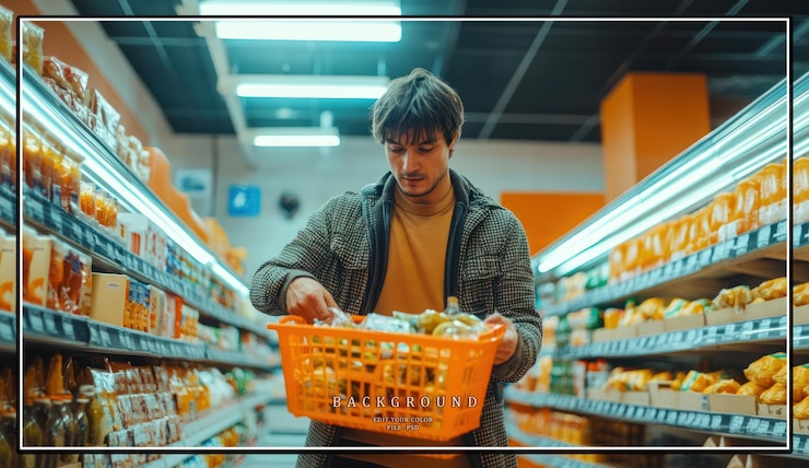 PSD a young man shopping in a supermarket aisle picking out produce from a basket