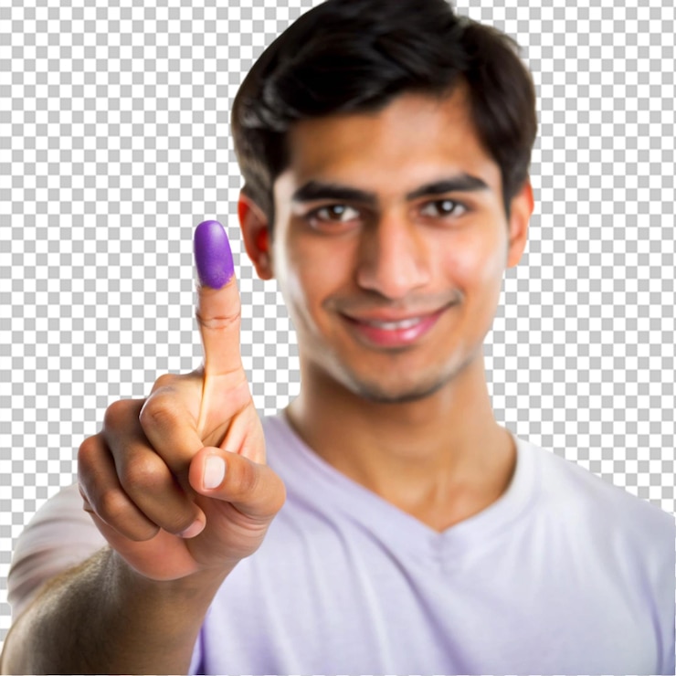 PSD a young man showing his little finger with purple color on transparent background